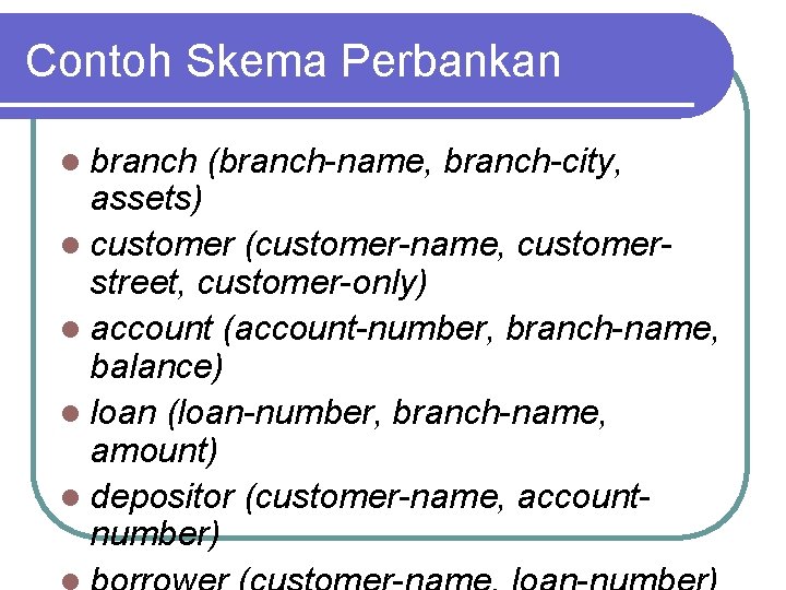 Contoh Skema Perbankan l branch (branch-name, branch-city, assets) l customer (customer-name, customerstreet, customer-only) l