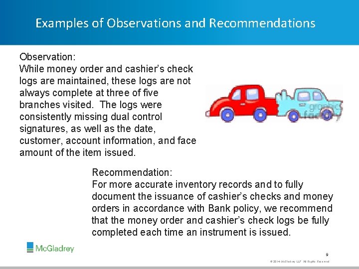 Examples of Observations and Recommendations Observation: While money order and cashier’s check logs are