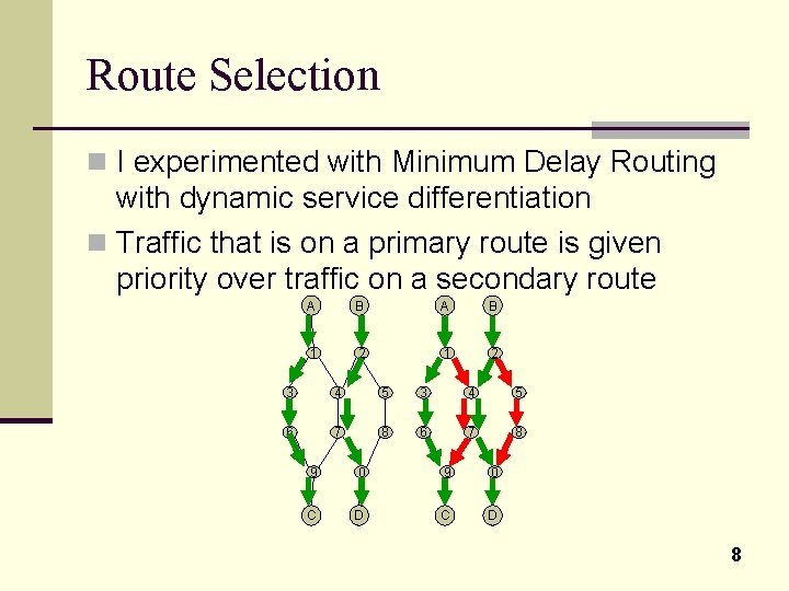 Route Selection n I experimented with Minimum Delay Routing with dynamic service differentiation n