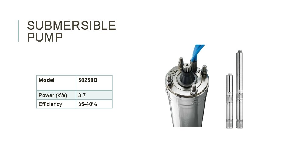 SUBMERSIBLE PUMP Model 50250 D Power (k. W) 3. 7 Efficiency 35 -40% 