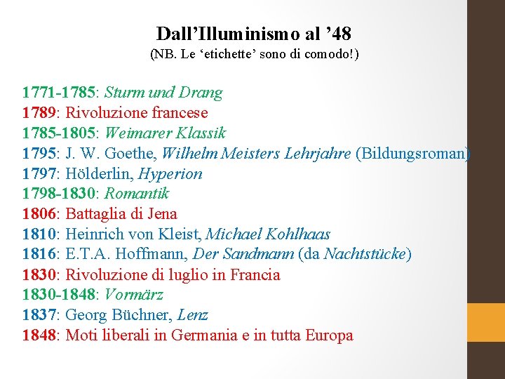 Dall’Illuminismo al ’ 48 (NB. Le ‘etichette’ sono di comodo!) 1771 -1785: Sturm und