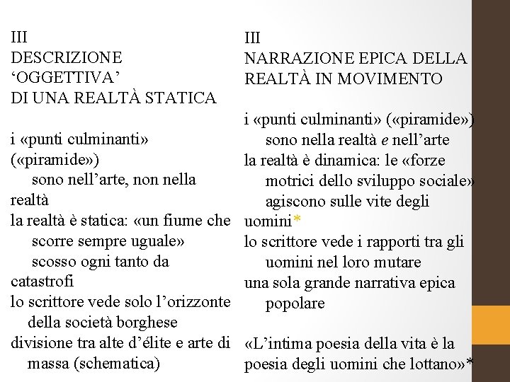 III DESCRIZIONE ‘OGGETTIVA’ DI UNA REALTÀ STATICA III NARRAZIONE EPICA DELLA REALTÀ IN MOVIMENTO