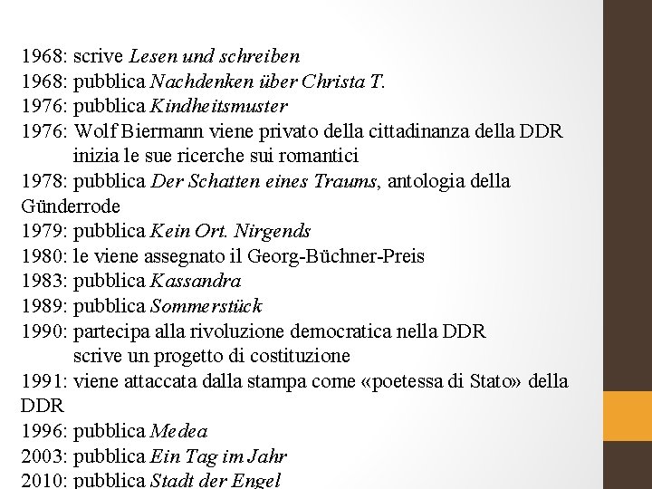 1968: scrive Lesen und schreiben 1968: pubblica Nachdenken über Christa T. 1976: pubblica Kindheitsmuster