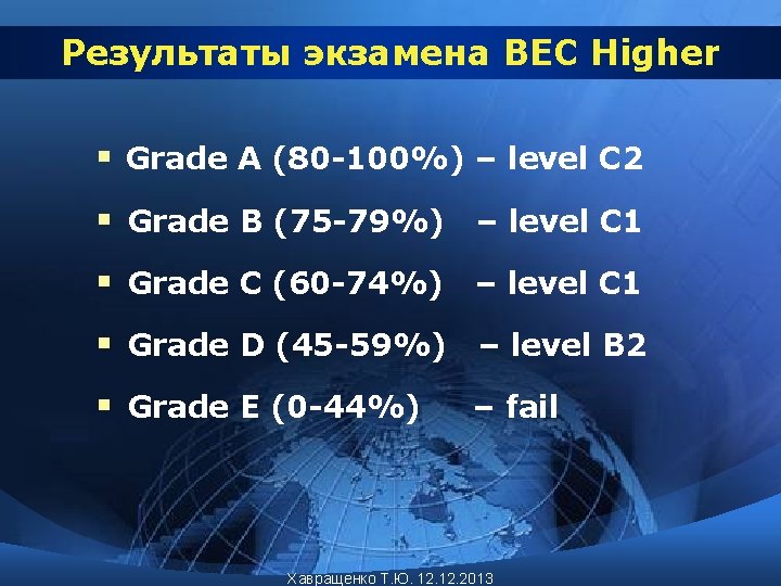 Результаты экзамена BEC Higher § Grade A (80 -100%) – level С 2 §