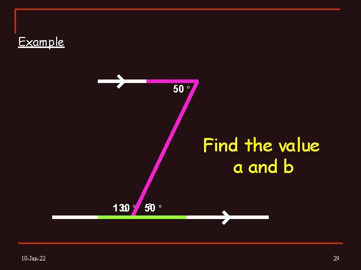 Example 50 ° Find the value a and b a ° 130 b °