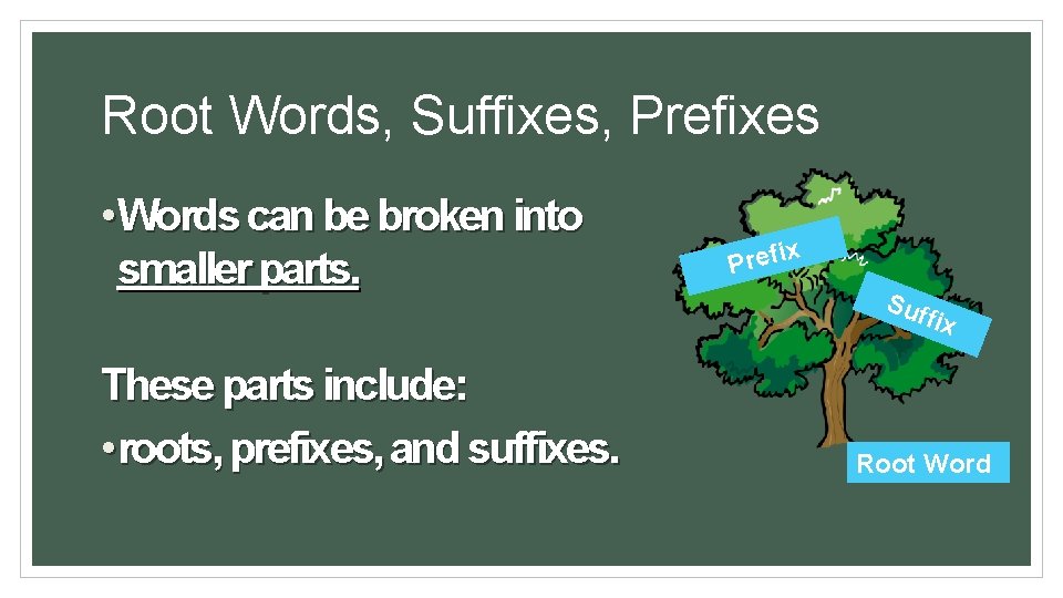 Root Words, Suffixes, Prefixes • Words can be broken into smaller parts. x Prefi