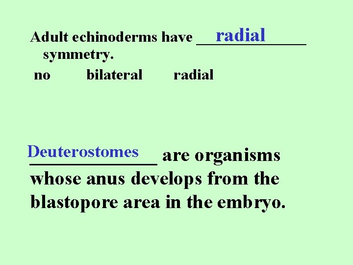 radial Adult echinoderms have _______ symmetry. no bilateral radial Deuterostomes _______ are organisms whose
