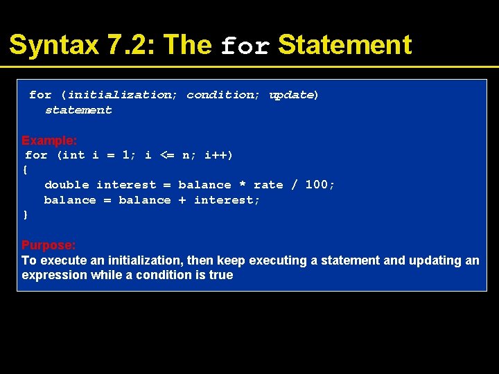 Syntax 7. 2: The for Statement for (initialization; condition; update) statement Example: for (int