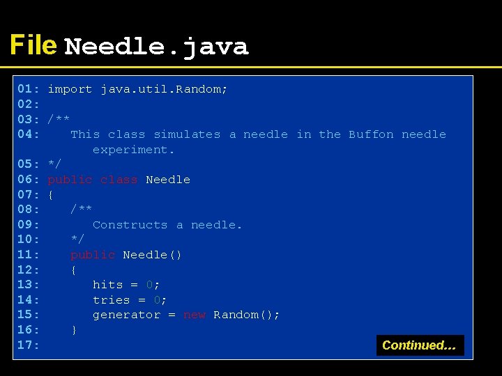 File Needle. java 01: import java. util. Random; 02: 03: /** 04: This class