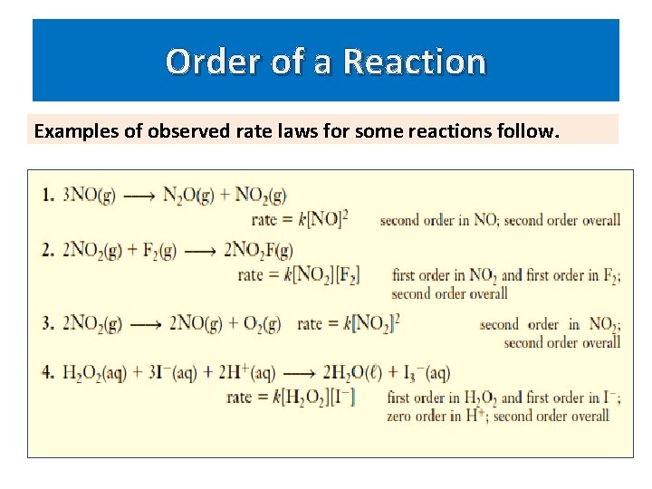 Order of a Reaction Examples of observed rate laws for some reactions follow. 