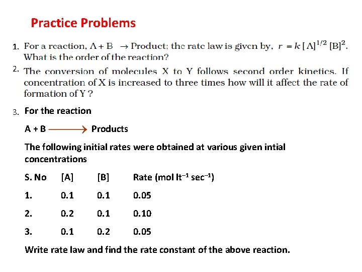 Practice Problems 1. 2. 3. For the reaction A+B Products The following initial rates