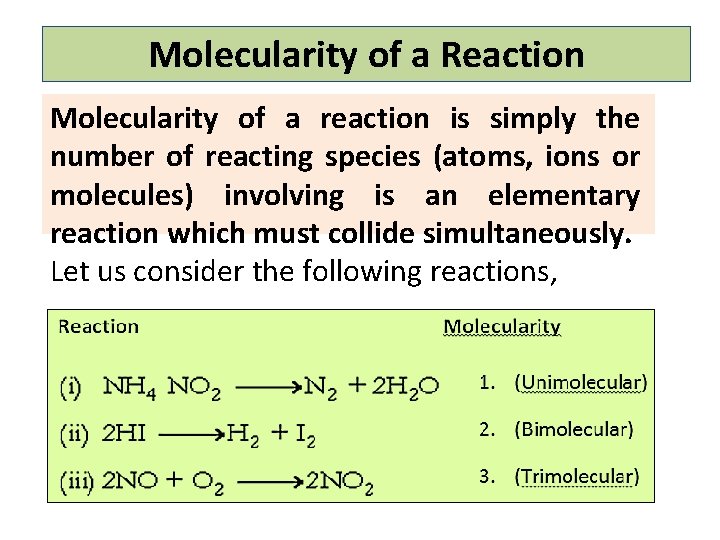 Molecularity of a Reaction Molecularity of a reaction is simply the number of reacting