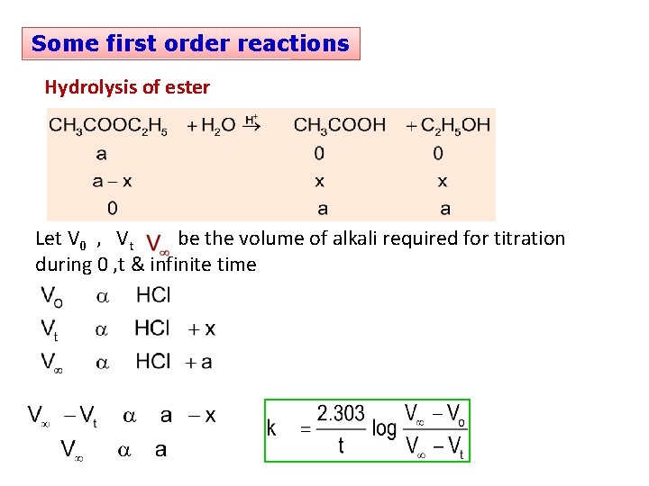 Some first order reactions Hydrolysis of ester Let V 0 , Vt be the