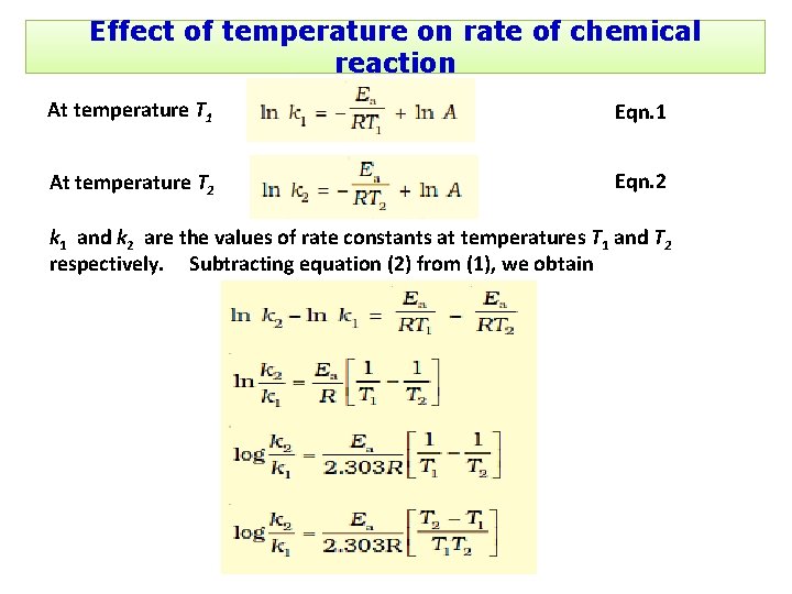 Effect of temperature on rate of chemical reaction At temperature T 1 Eqn. 1