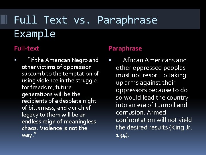 Full Text vs. Paraphrase Example Full-text “If the American Negro and other victims of