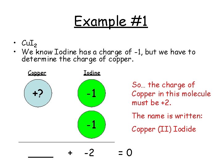 Example #1 • Cu. I 2 • We know Iodine has a charge of