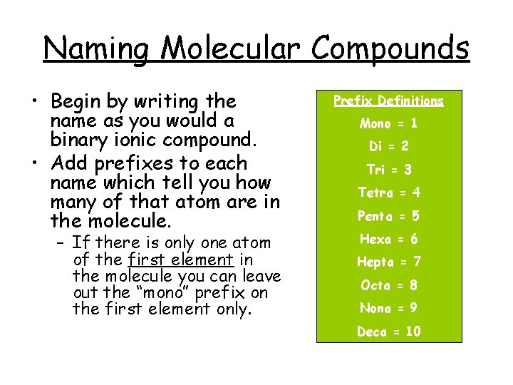 Naming Molecular Compounds • Begin by writing the name as you would a binary