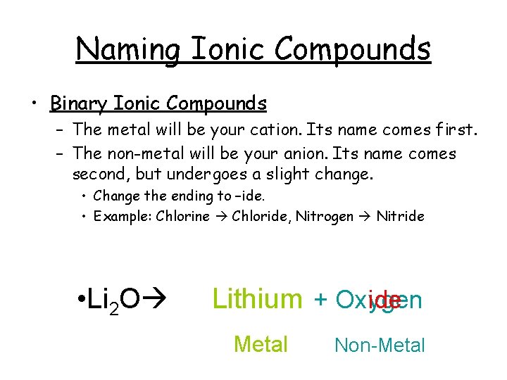Naming Ionic Compounds • Binary Ionic Compounds – The metal will be your cation.