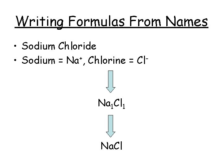 Writing Formulas From Names • Sodium Chloride • Sodium = Na+, Chlorine = Cl-