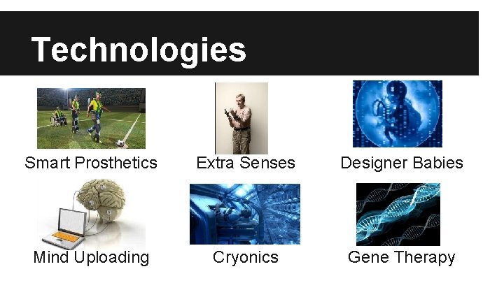 Technologies Smart Prosthetics Extra Senses Designer Babies Mind Uploading Cryonics Gene Therapy 