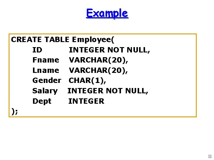 Example CREATE TABLE Employee( ID INTEGER NOT NULL, Fname VARCHAR(20), Lname VARCHAR(20), Gender CHAR(1), Example CREATE TABLE Employee( ID INTEGER NOT NULL, Fname VARCHAR(20), Lname VARCHAR(20), Gender CHAR(1),