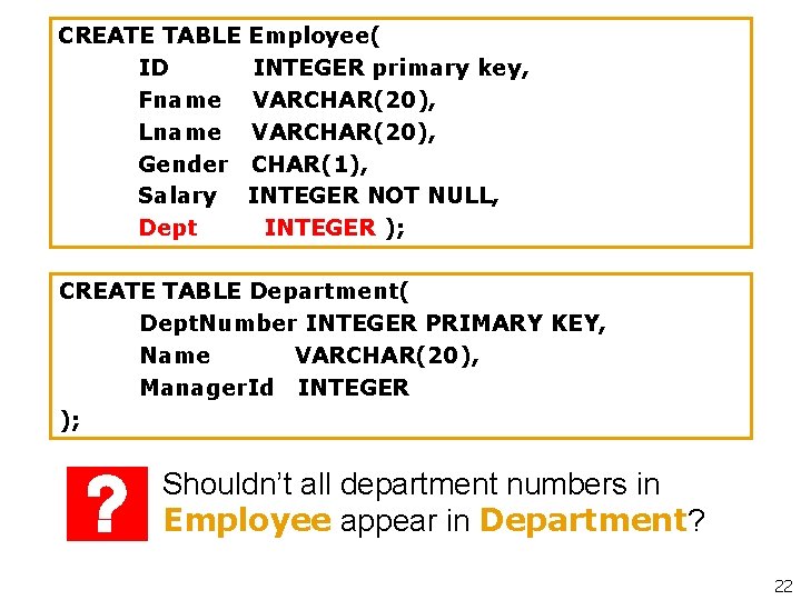 CREATE TABLE Employee( ID INTEGER primary key, Fname VARCHAR(20), Lname VARCHAR(20), Gender CHAR(1), Salary CREATE TABLE Employee( ID INTEGER primary key, Fname VARCHAR(20), Lname VARCHAR(20), Gender CHAR(1), Salary