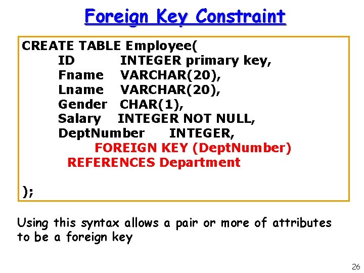 Foreign Key Constraint CREATE TABLE Employee( ID INTEGER primary key, Fname VARCHAR(20), Lname VARCHAR(20), Foreign Key Constraint CREATE TABLE Employee( ID INTEGER primary key, Fname VARCHAR(20), Lname VARCHAR(20),