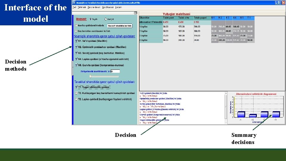 Interface of the model Decision methods Decision Summary decisions 