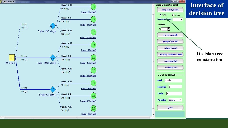 Interface of decision tree Decision tree construction 