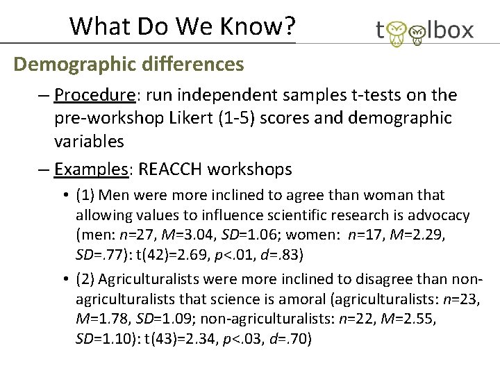 What Do We Know? Demographic differences – Procedure: run independent samples t tests on