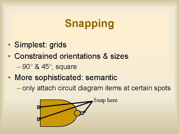 Snapping • Simplest: grids • Constrained orientations & sizes – 90° & 45°, square