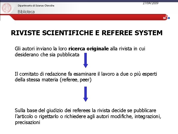 Dipartimento di Scienze Chimiche 27/04/2009 Biblioteca RIVISTE SCIENTIFICHE E REFEREE SYSTEM Gli autori inviano