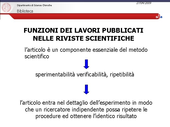 Dipartimento di Scienze Chimiche 27/04/2009 Biblioteca FUNZIONI DEI LAVORI PUBBLICATI NELLE RIVISTE SCIENTIFICHE l’articolo