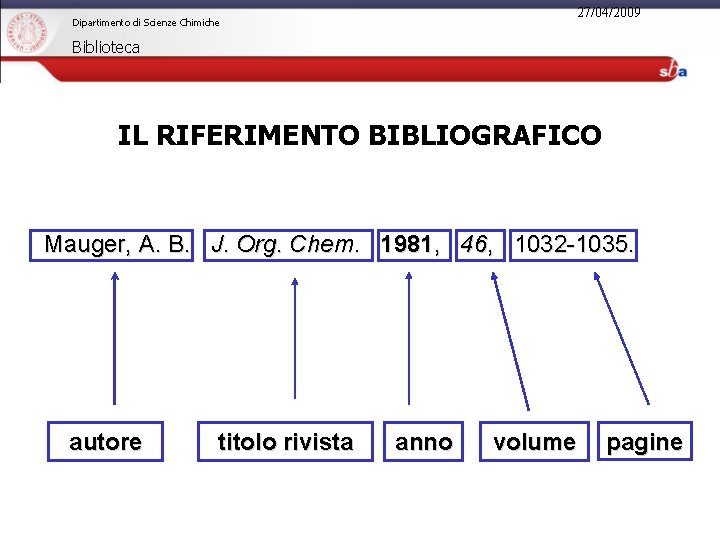 27/04/2009 Dipartimento di Scienze Chimiche Biblioteca IL RIFERIMENTO BIBLIOGRAFICO Mauger, A. B. J. Org.