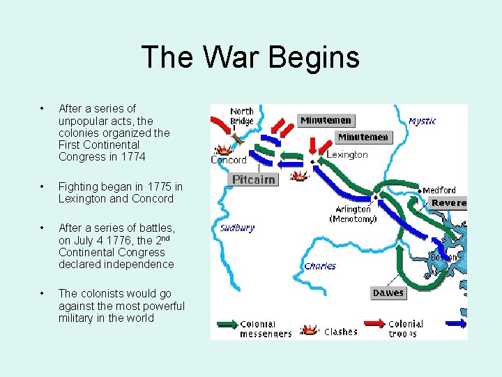 The War Begins • After a series of unpopular acts, the colonies organized the