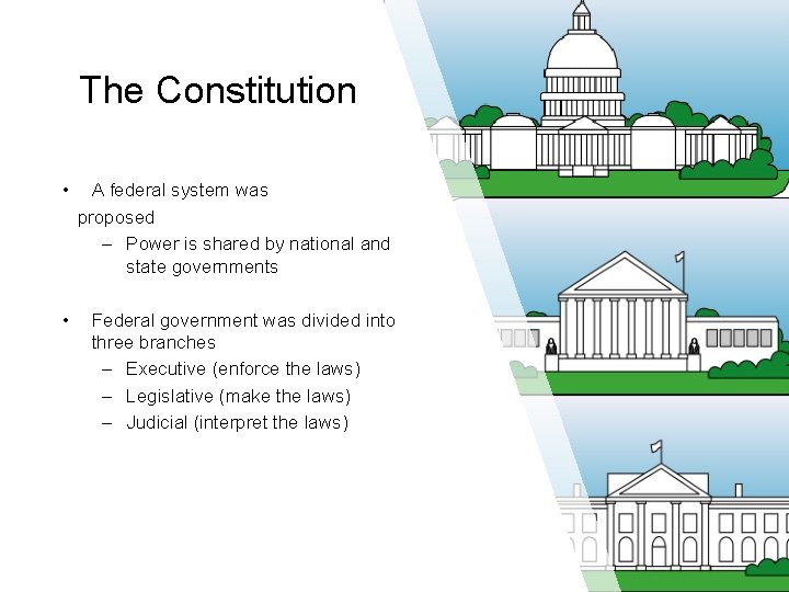 The Constitution • A federal system was proposed – Power is shared by national