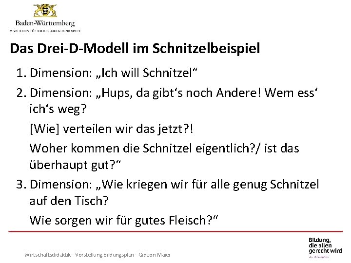 Individuelleim Förderung am Gymnasium Das Drei-D-Modell Schnitzelbeispiel 1. Dimension: „Ich will Schnitzel“ 2. Dimension: