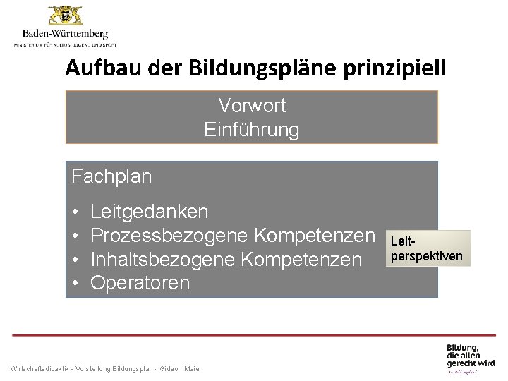 Aufbau der Bildungspläne prinzipiell Vorwort Einführung Fachplan • • Leitgedanken Prozessbezogene Kompetenzen Inhaltsbezogene Kompetenzen