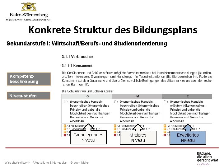 Konkrete Struktur des Bildungsplans Sekundarstufe I: Wirtschaft/Berufs- und Studienorientierung Kompetenzbeschreibung Niveaustufen Grundlegendes Niveau Wirtschaftsdidaktik