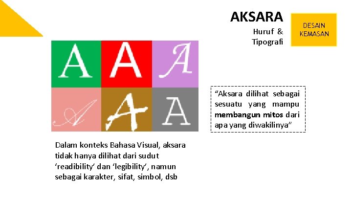 AKSARA Huruf & Tipografi DESAIN KEMASAN “Aksara dilihat sebagai sesuatu yang mampu membangun mitos