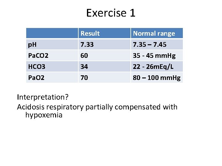 Exercise 1 p. H Pa. CO 2 HCO 3 Result 7. 33 60 34