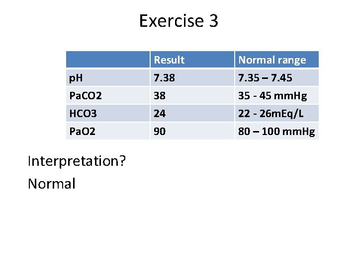 Exercise 3 p. H Pa. CO 2 HCO 3 Result 7. 38 38 24
