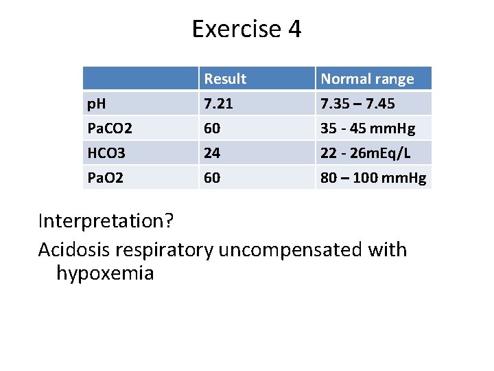 Exercise 4 p. H Pa. CO 2 HCO 3 Result 7. 21 60 24