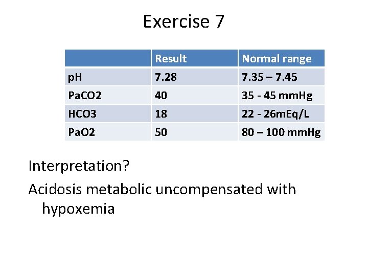 Exercise 7 p. H Pa. CO 2 HCO 3 Result 7. 28 40 18