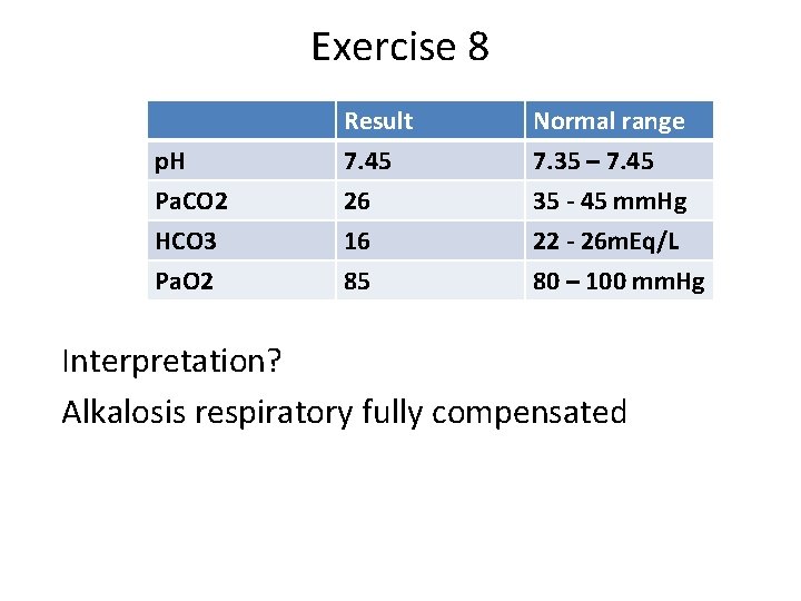 Exercise 8 p. H Pa. CO 2 HCO 3 Result 7. 45 26 16