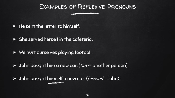 Examples of Reflexive Pronouns Ø He sent the letter to himself. Ø She served