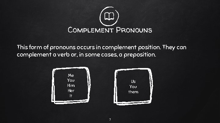Complement Pronouns This form of pronouns occurs in complement position. They can complement a