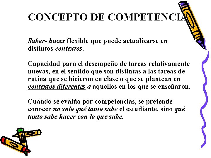 CONCEPTO DE COMPETENCIA Saber- hacer flexible que puede actualizarse en distintos contextos. Capacidad para