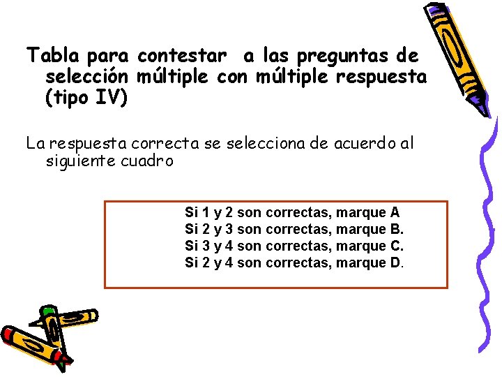 Tabla para contestar a las preguntas de selección múltiple con múltiple respuesta (tipo IV)