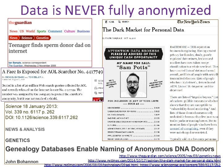 Data is NEVER fully anonymized http: //www. theguardian. com/science/2005/nov/03/genetics. news http: //www. nytimes. com/2014/10/17/opinion/the-dark-market-for-personal-data.